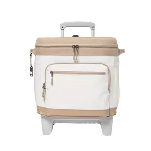 Soft Sided 26qt Roller Cooler,Tan, Includes a bottle opener and cup holder,Retractable handle,Built-in wheels zipperless hardbody