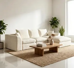 Beige Modular Cloud L-Shaped 3-Seater Sofa with Reversible Chaise, Boneless Memory Foam Corduroy Upholstery, 102" Convertible Bed, No-Assembly Living Room Furniture