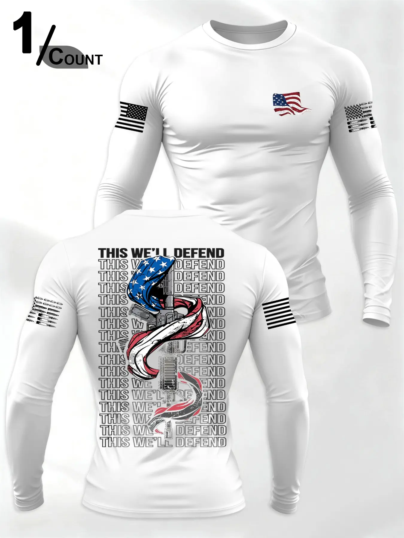 Men's Fitness Long Sleeve T-Shirt, Athletic Workout Shirt, American Patriotic Theme, Stretch Breathable, Rifle Flag Print, Ideal Gift for Military Enthusiasts