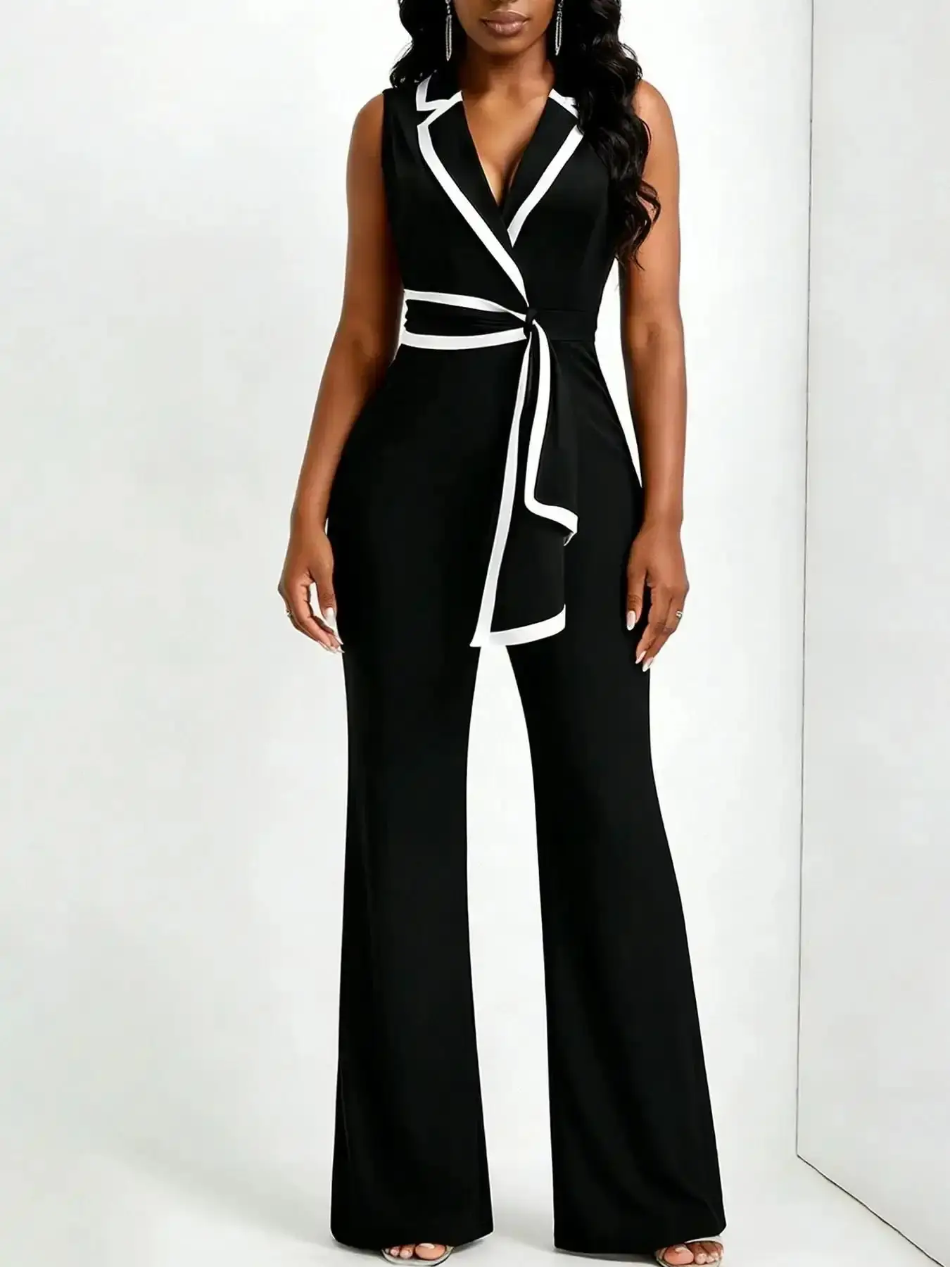 2026 Women's Contrast Binding Belted Wrap Jumpsuit with Lapel Neck and Flare Leg, Elegant Fitted Business Office Summer Wear for Professional and Smart Casual Styling, polished sophisticated versatile timeless essential