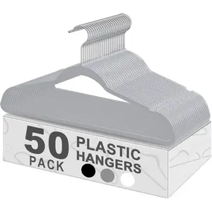 50 Pack Ultra-Thin Plastic Clothes Hangers (17.7 Inch) - Space-Saving Slim Hangers with Non-Slip Grooves for Wardrobe, Closet & Dorm Organization (Grey)