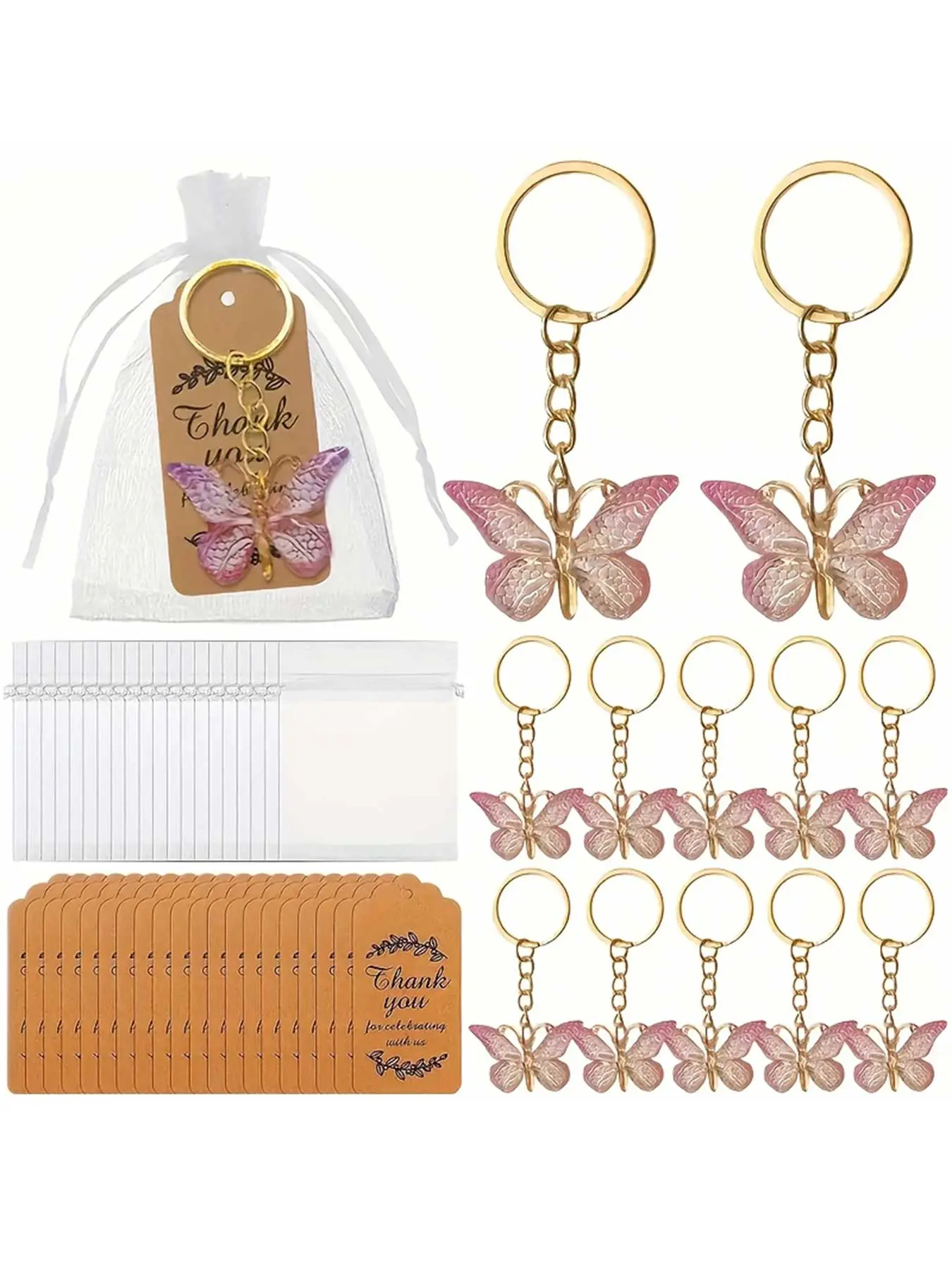 36pcs Set Butterfly Keychain Gift Set, Keychain Included, 12 Pink Butterfly Keychains+12 Thank You Tags+12 Organza Drawstring Bags,Acrylic Butterfly keyring Pendant,Butterfly Charms Hanging Ornament Car Backpack Hanging, Key Rings for Car Keys
