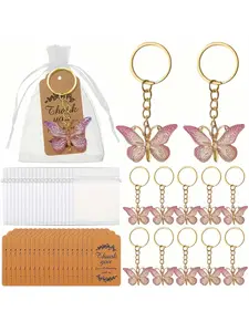 36pcs Set Butterfly Keychain Gift Set 12 Pink Butterfly Keychains+12 Thank You Tags Cards+12 Organza Drawstring Bags,Gradient Acrylic Butterfly keyring Pendant,Butterfly Charms Hanging Ornament Car Backpack Hanging Weddings,Keychain For Bags