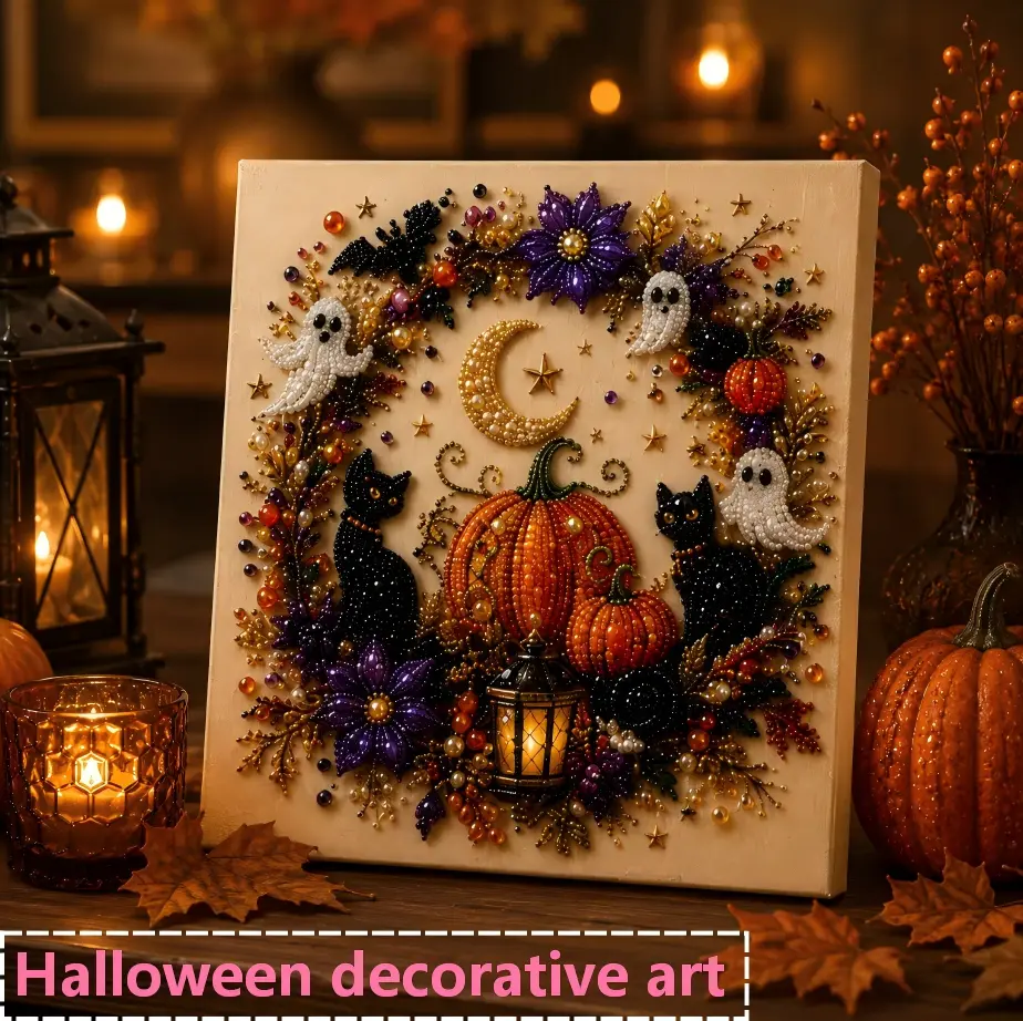 8*8 inch Diamond Art Kit for Beginners, DIY Halloween Ghost and Pumpkin Bead Painting, Sparkling Pearl-Style Craft Set for Fall Wall Decor, Halloween Decor, Diamond Art Kits, Colorful, Beads