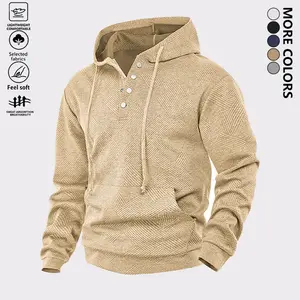 Men's Solid Color Jacquard Pullover Hoodie, Simple & Versatile Button Half Placket Long Sleeve Sweater with Kangaroo Pocket, Casual Sports Knitwear Suitable for Everyday Wear, Outdoor Activities, & Hiking Trips
