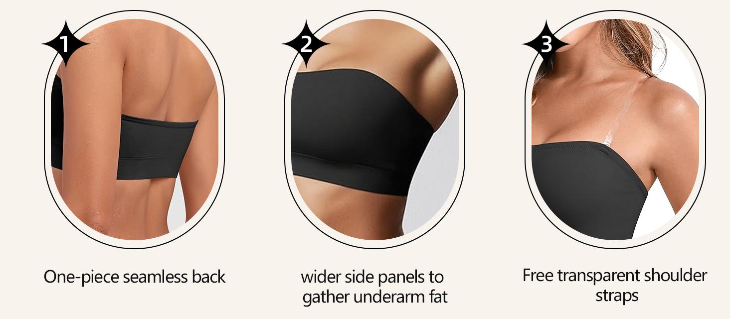 Strapless Bras for Women Wireless Push Up Non-Slip Bandeau Bra Seamless Clear Straps TubeTop Padded Bralette with Silicone Grip and High Elasticity Fabric