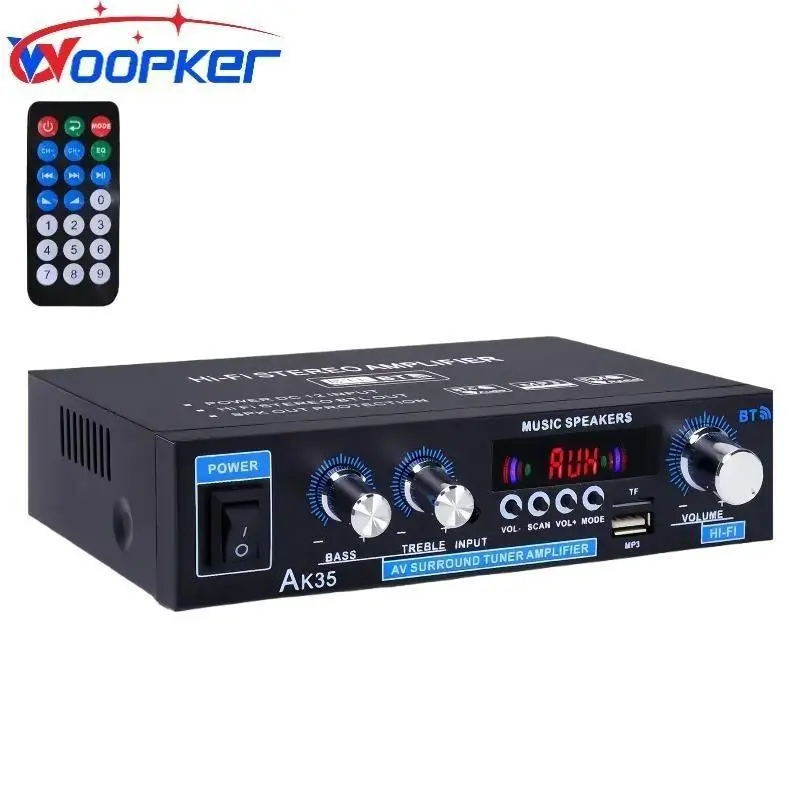 Woopker AK35 Bluetooth 5.0 Wireless HiFi Stereo Amplifier 200W 2.0 Channel Home Audio Power Amplifier with Bass Treble Control, FM Radio, USB, LED Display, Smartphone Connection for Home Theater, Party