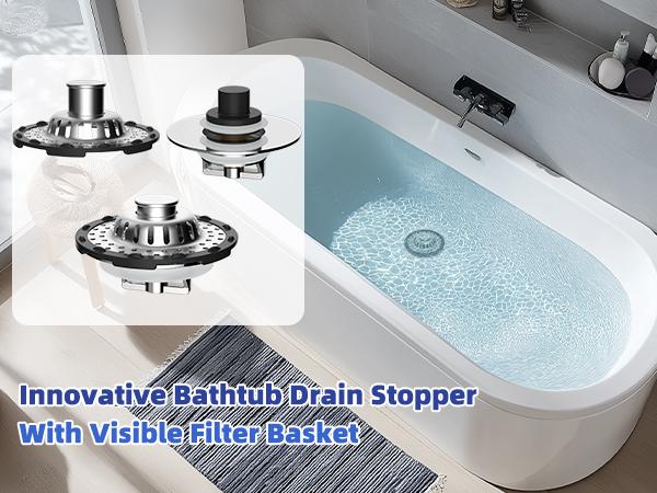 Hibbent Bathtub Drain Stopper with Visible Top Hair Catcher, Innovative 3 in 1 Pop-up Bathtub Strainer Fit for Standard 1.5 to 2.4in Drain Hole, with Detachable Stainless Steel Filter Basket, Chrome