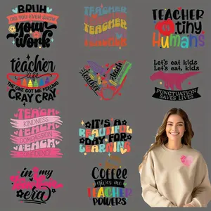 12pcs/set Multi-Color Teacher-Themed Heat Transfer Decals | Durable Vinyl Iron-On Patches for DIY Apparel & Accessories | Washable, Ready-to-Apply Designs with Motivational Phrases | Ideal for T-Shirts, Masks, Jeans, Backpacks | Fun Educator-Inspired Craf