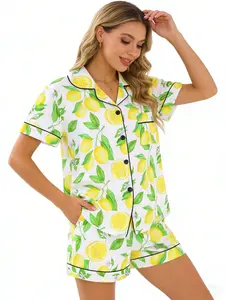Women's Sleepwear Set Fruit Print Short Sleeve Shorts Home Clothing Set Lapel Open Front Unisex Pajamas Cartoon Pattern