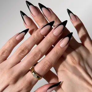 Black Stiletto Press-On Nails with Peach Base & Blue Chrome Accents Glossy Finish Oceanic Chrome Shimmer Celestial Waves Design