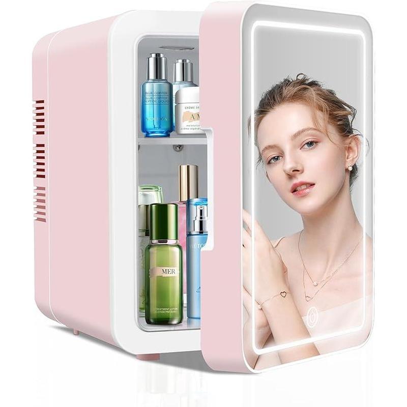 Mini Skincare Fridge (4 Liter/6 Can) with Dimmable LED Light Mirror, Cooler and Warmer for Refrigerating Make Up, Skin Care and Food, Portable Mini Fridge for Bedroom, Office and Car, Pink