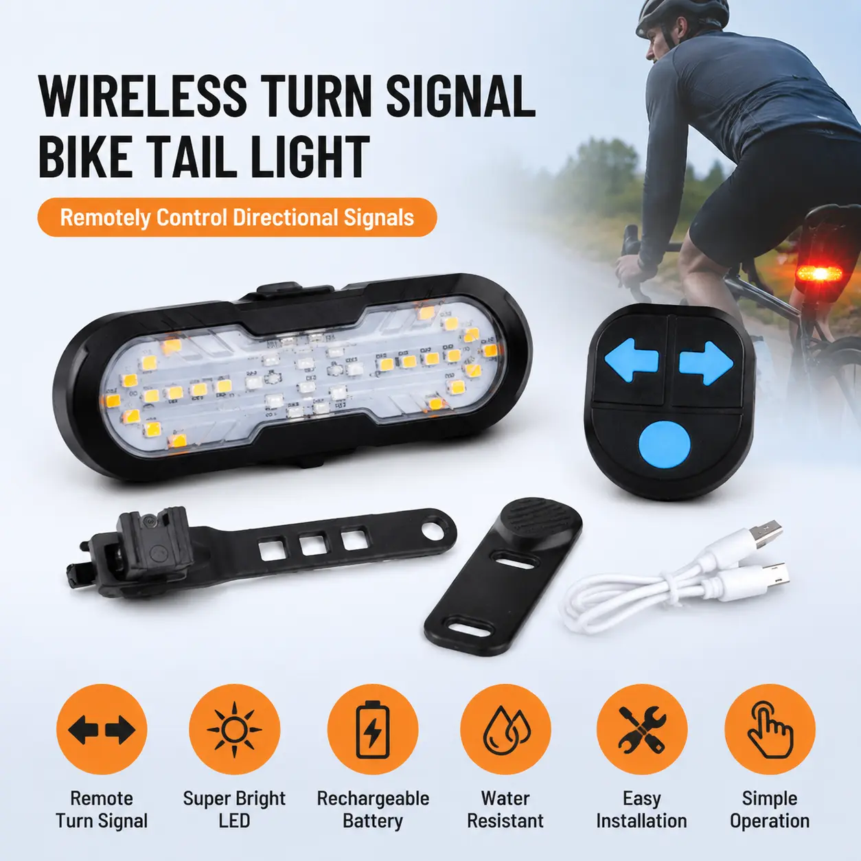 1 Count, Bike Wireless Remote Control Turn Signal Taillight, 6 Lighting Modes 1200mAh Type-C Rechargeable for Night Cycling Safety Warning