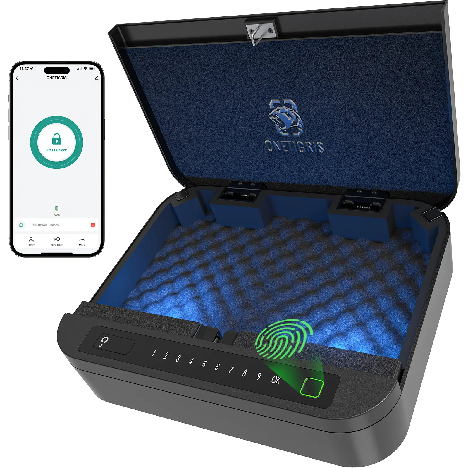 OneTigris Biometric Safe Box, 0.1S Smart APP Quick Access Safe for Nightstand with Fingerprint Unlock, Numeric Code, Backup Keys, Security Cable - Fat
