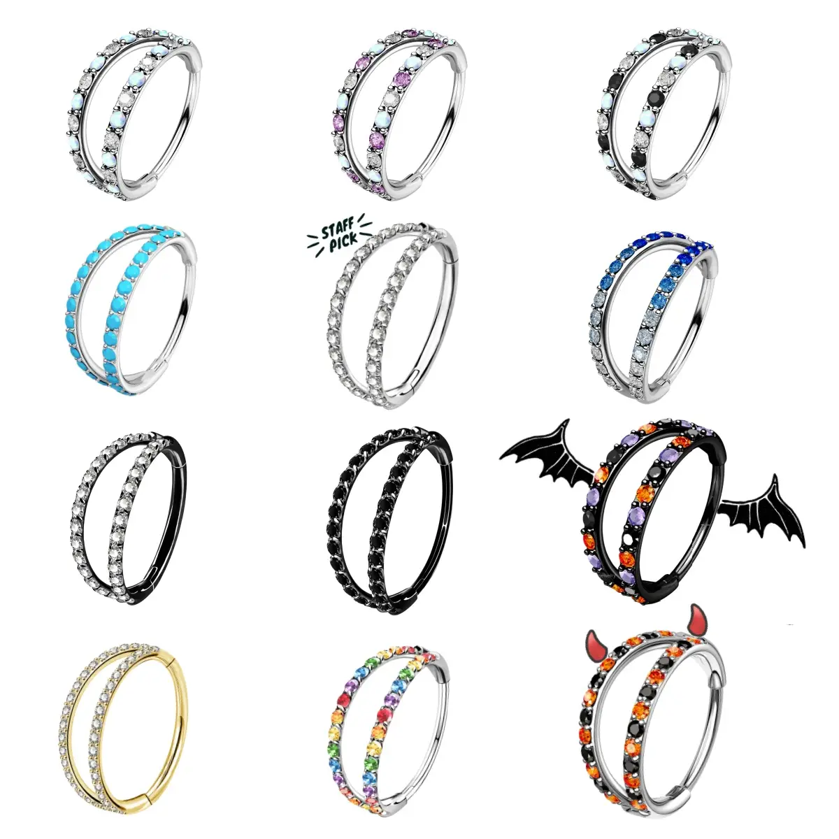 Oufer 20G AAA+ Grade CZ Hinged Double Row Nostril Piercing Nose Ear Hoop Ring Inner Diameter 5mm 6mm 7mm 8mm 9mm 10mm 11mm 12mm 316L Stainless Steel