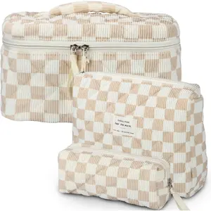 Quilted Makeup Bag Set, 3 count Large Checkered Corduroy  Bags, Cute  Makeup Bag Toiletry Zipper Pouch Bag for Women Checkered Mix Brown