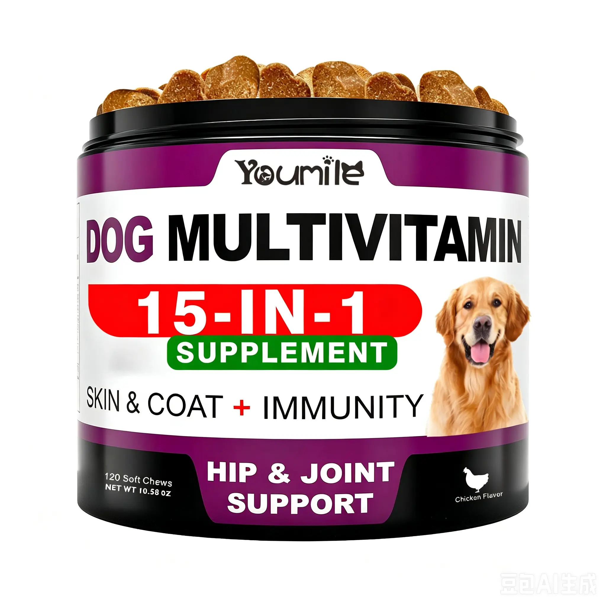 15-in-1 Dog Multivitamin Soft Chews - Probiotics & Gut, Immune Support, Chicken Flavor, 120 Treats, 8-In-1