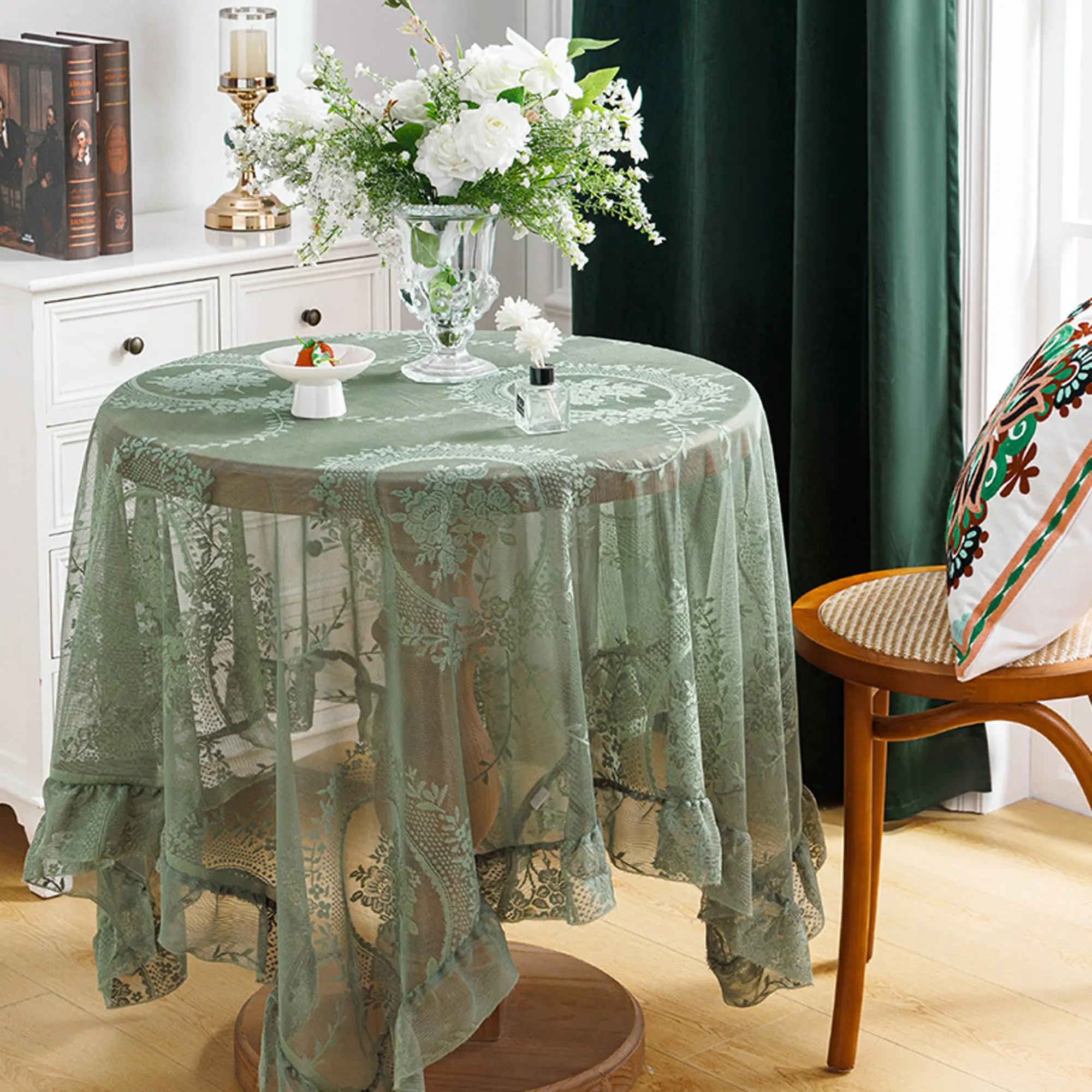 1pc French Vintage Lace Tablecloth with Ruffle Design, Floral Bird Patterns, Picnic Table Cover, Ideal for Restaurant Decor, Banquets, Parties, Holiday Dinners