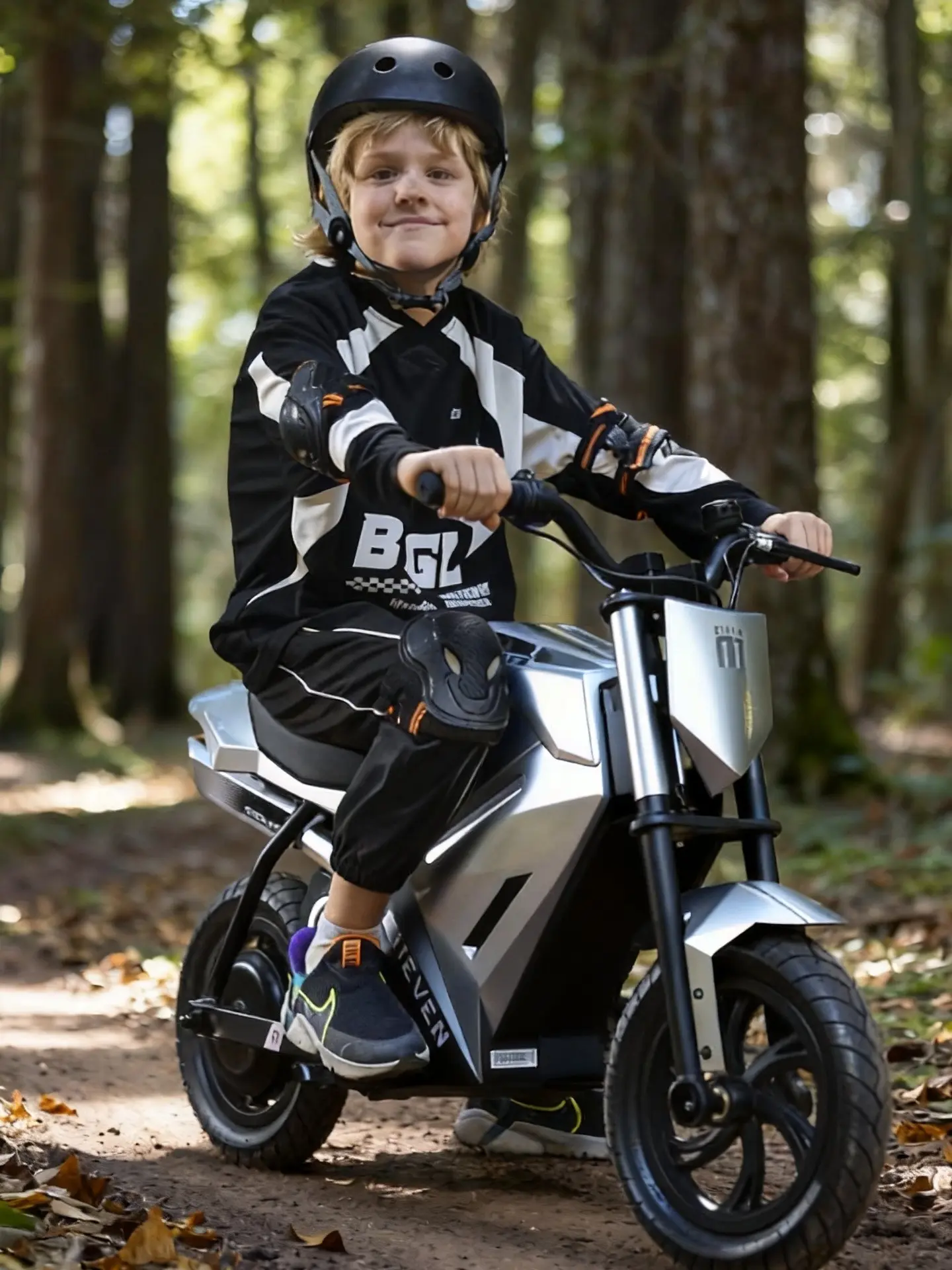 E-Bike for Kids w/ 10Miles Max Operating Range and 10 mph Max Speed - Gray/Black front and rear suspension, variable full twist throttle - 100% Financing Available! MotoTec Blaze: The Ultimate Lightweight Electric Bike