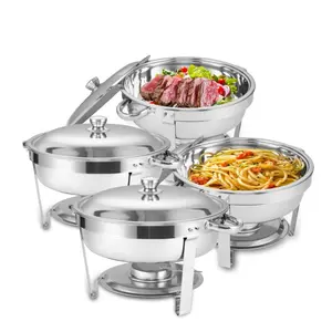 Stainless Steel 4-Piece Round Casserole Set with Silver Plates, Stackable Kitchen Cookware with Pan Handles & Lids, Ideal for Home & Outdoor Buffet Use