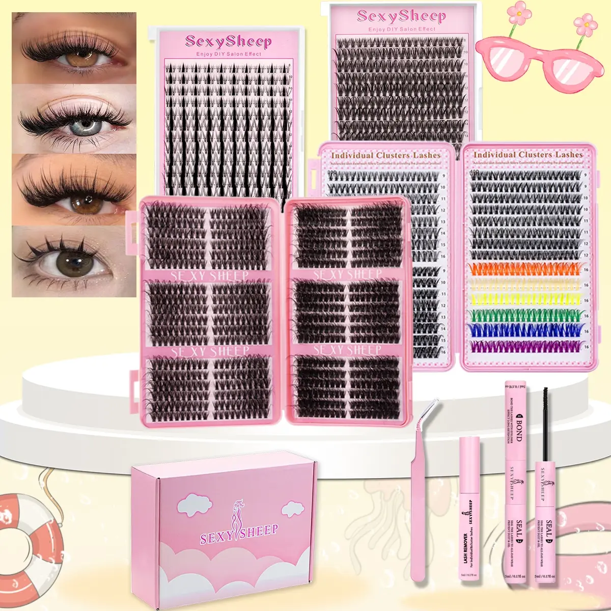 Mixed Length DIY False Eyelash Kit Set Natural Look False Eyelash Extensions Lash Extension Individual Eyelashes Kit, Includes Bond& Seal& Remove& Eyelash Tweezers, Makeup Tool Box