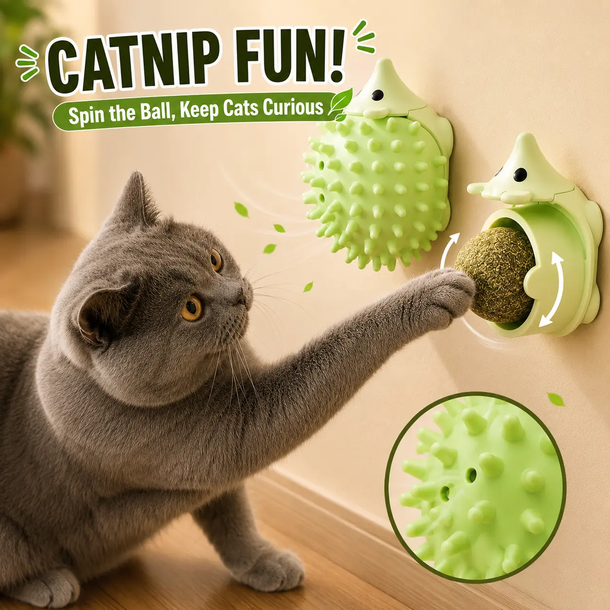Rotating Catnip Ball Toy for Cats, Wall-Mounted Hedgehog Lick Toy, 360° Spinning Cat Treat Ball for Indoor Cats