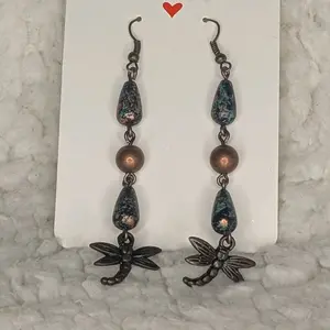 Copper Dragonfly Earrings with Blue Beads and Antique Bronze Finish - Unique Design Jewelry