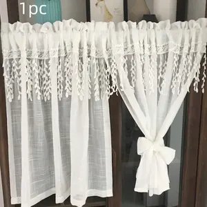 1pc Lace Fringe Coffee Curtain, French Country Style Semi-Transparent Drapes, Small Window Decorative Curtains, Easy Installation