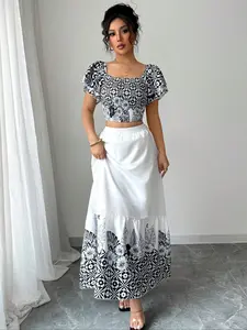Women's Floral Print Puff Sleeve Crop Top & A-line Loose Skirt Set, Boho Fashion Casual Top & Skirt for Daily Holiday Vacation Wear, Ladies Outfits for Summer, Clothes