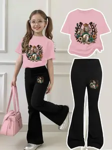 Girls' Western Cowboy Floral Bell Bottoms Set, Round Neck Short Sleeve Top & Bell Pants, Casual Fit, All Seasons