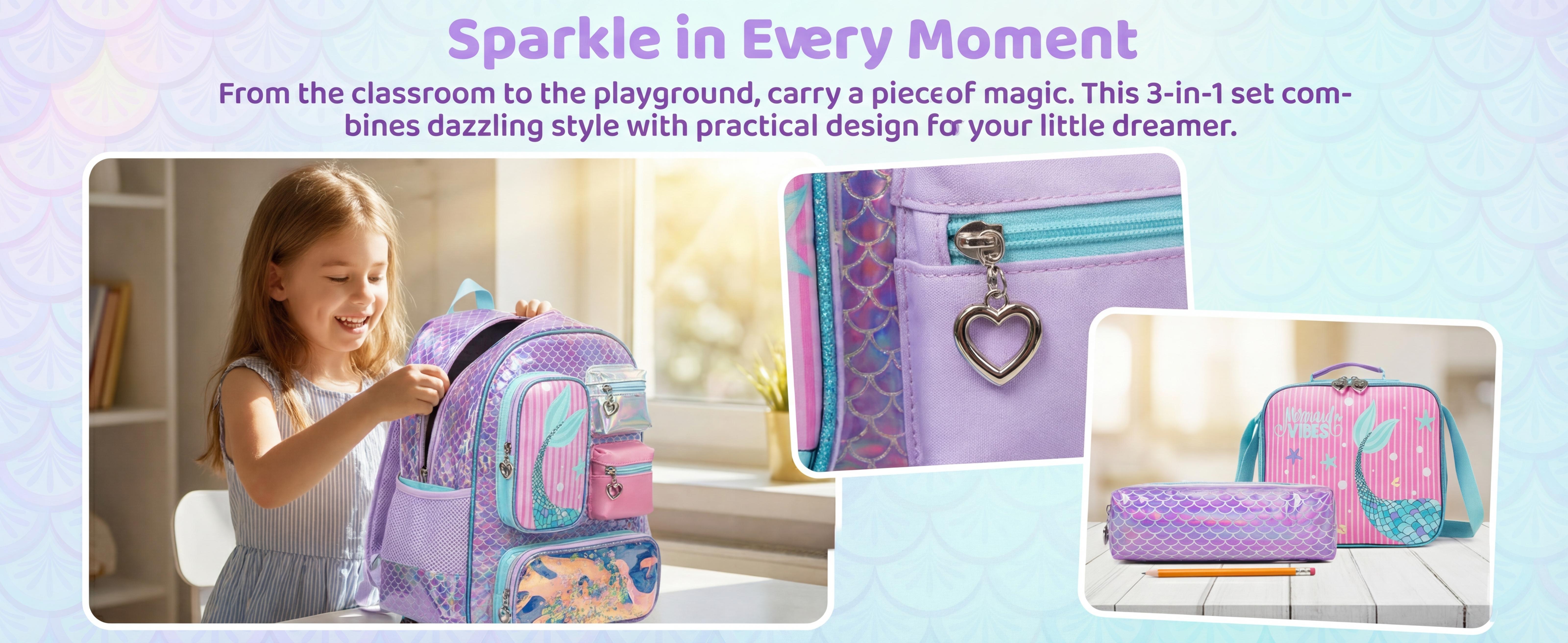 Rolling Backpack for Girls with Wheels Elementary School Bag Lunch Box Pencil Case Set for Ages 6-12 Years Old Mermaid Design