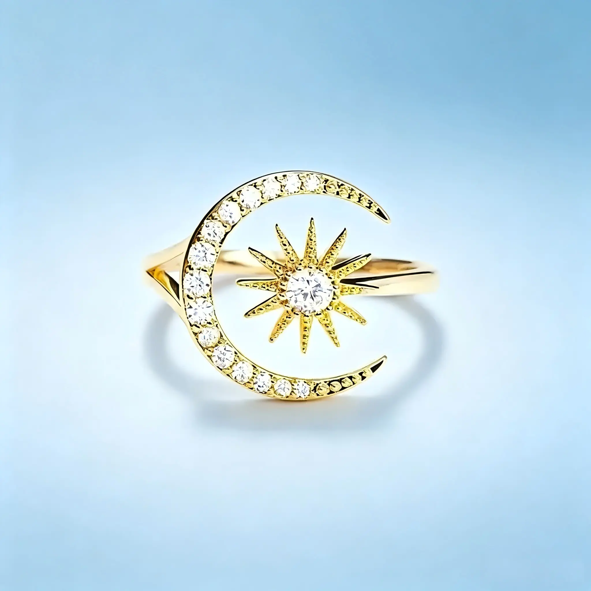 2026 New Release - Women's Sun & Moon Adjustable Ring – Gold Open Ring, Sparkly and Trendy, Starburst Style Unique Jewelry Gift