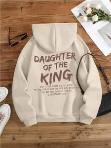 Plus Size Slogan Print Kangaroo Pocket Thermal Lined Hoodie Sweatshirt DAUGHTER OF THE KING Who Is Not Moved By The World For My God Is With Me And Goes Before Me Do Not Fear
