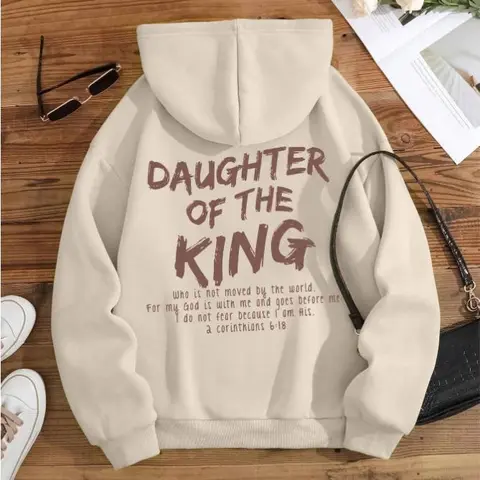 Women's Plus Size Casual Cotton Fabric Hoodie Sweatshirt - Breathable, Thermal-Lined, Kangaroo Pocket, Fashion Slogan Print ("Daughter Of The King Who Is Not Moved By The World For My God Is With Me And Goes Before Me Do Not Fear"), Tops, Comfortable, Pul