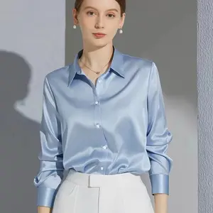 Women's Satin Finish Longsleeves Shirts - Lady's Basic Women's Clothes, Elegant French Solid OL Casual Button-Down Blouses