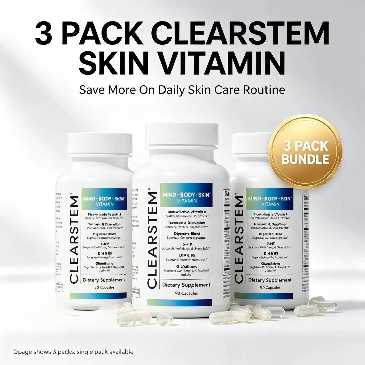 【3 pack】CLEARSTEM - MINDBODYSKIN Hormonal Acne Supplement (5-HTP) - Natural DIM Supplement - Skin Care Vitamins - Hormone Balance, Antioxidants - Vegan, Gluten Free, Cruelty Free - 30 Servings, 90 Capsules
