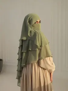 3cengxuefangmiansha（ Military Green 3-Layer Chiffon Niqab, Elegant Muslim Modest Outfit）
