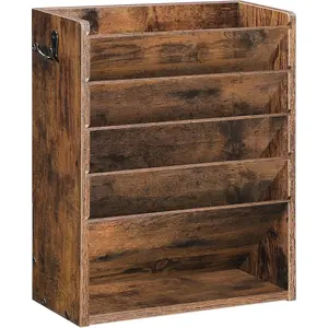 Wall File Organizer, 6-Tier Vertical Mount Hanging Holder with 2 Side Hooks, Vintage Wooden Magazine Storage Crate with Bottom Flat Tray, Desk Organizer for Office Home Rustic Brown