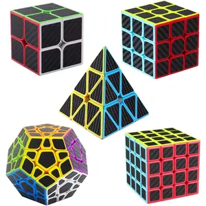 Speed Cube Set, [5 Pack] Magic Cube Bundle of 2x2 3x3 4x4 Megaminx and Pyramid Cube Smooth Carbon Fiber Sticker Speed Cubes Collection for Kids Teens & Adults