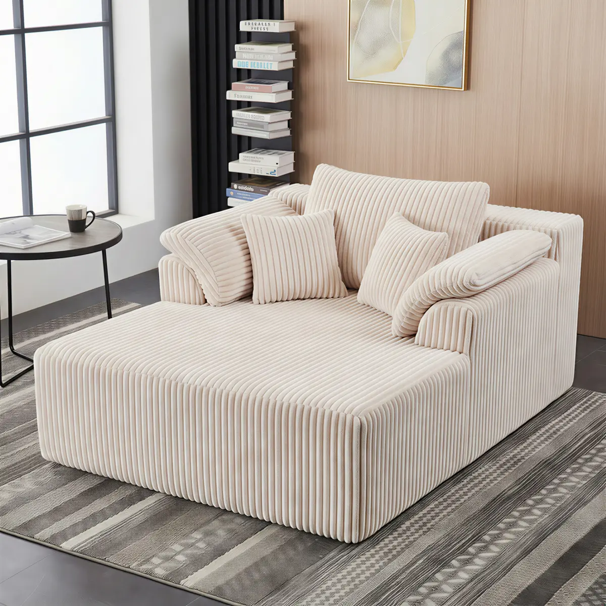 Oversized Chaise Lounge Sofa Chair Indoor, Modern Corduroy Sleeper Sofa Cloud Couch with 3 Soft Pillows, Comfy Single Seat Floor Sofa for Living Room Apartment Office,Beige