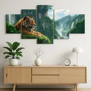 5-Piece Tiger Wall Art Wrapped Canvas Frame Modern Jungle Décor Green Waterfall Landscape 8"x12" 8"x16" 8"x20" Home Decor