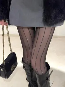 Commute Essential! Breathable Vertical Stripe Silk Stocking, Long Wear Non-Slip, High-Waist Slim Fit, Fashion Plaid Pattern