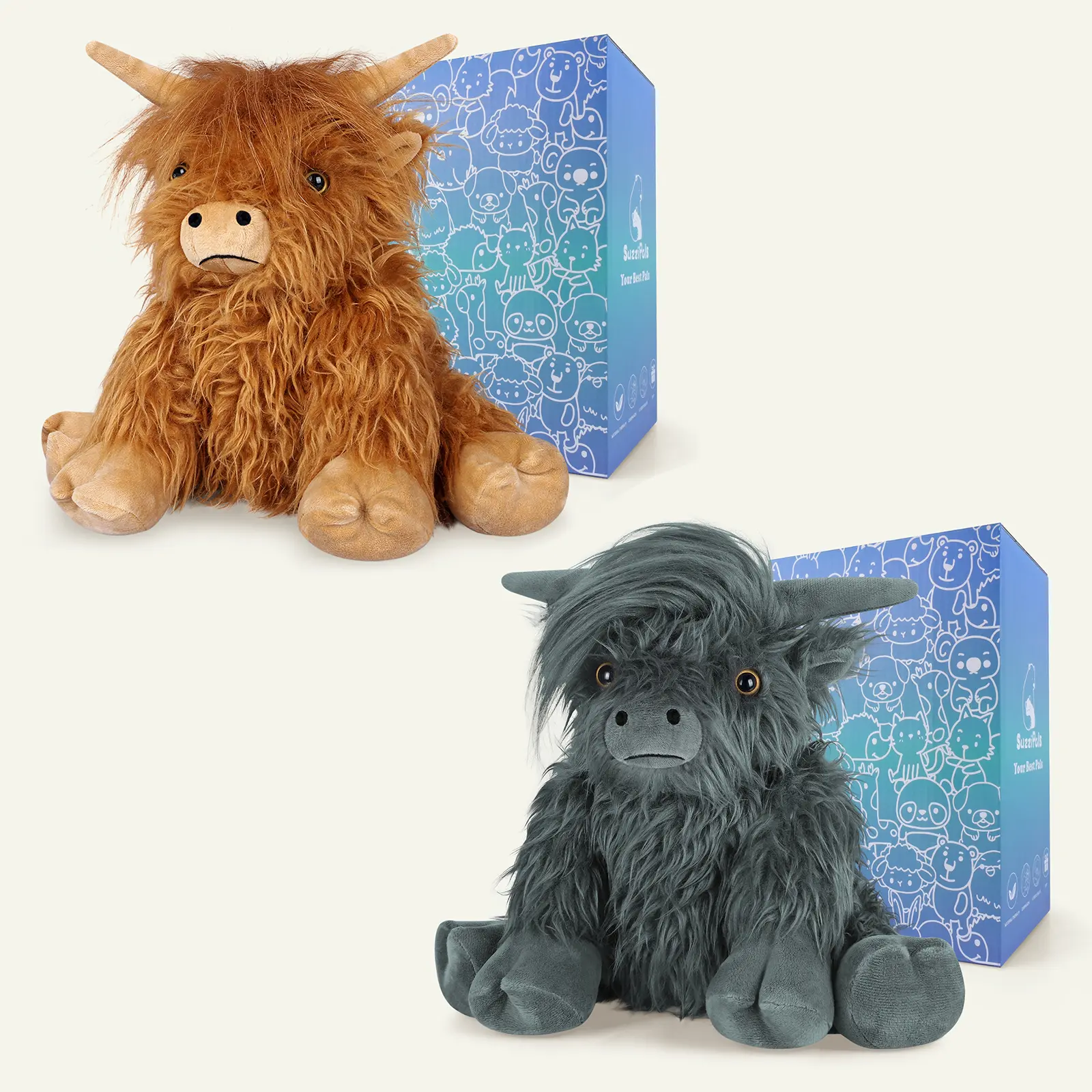 SuzziPals Highland Cow Bundle, 12" 1.65lbs Polyester Heated Stuffed Cow Coolable Stuffed Animals Weighted Plush Heat Pad, Microwavable Lavender Scented for Kids, Best Friends (Period Relief), Heated Stuffed Animals, Cooling