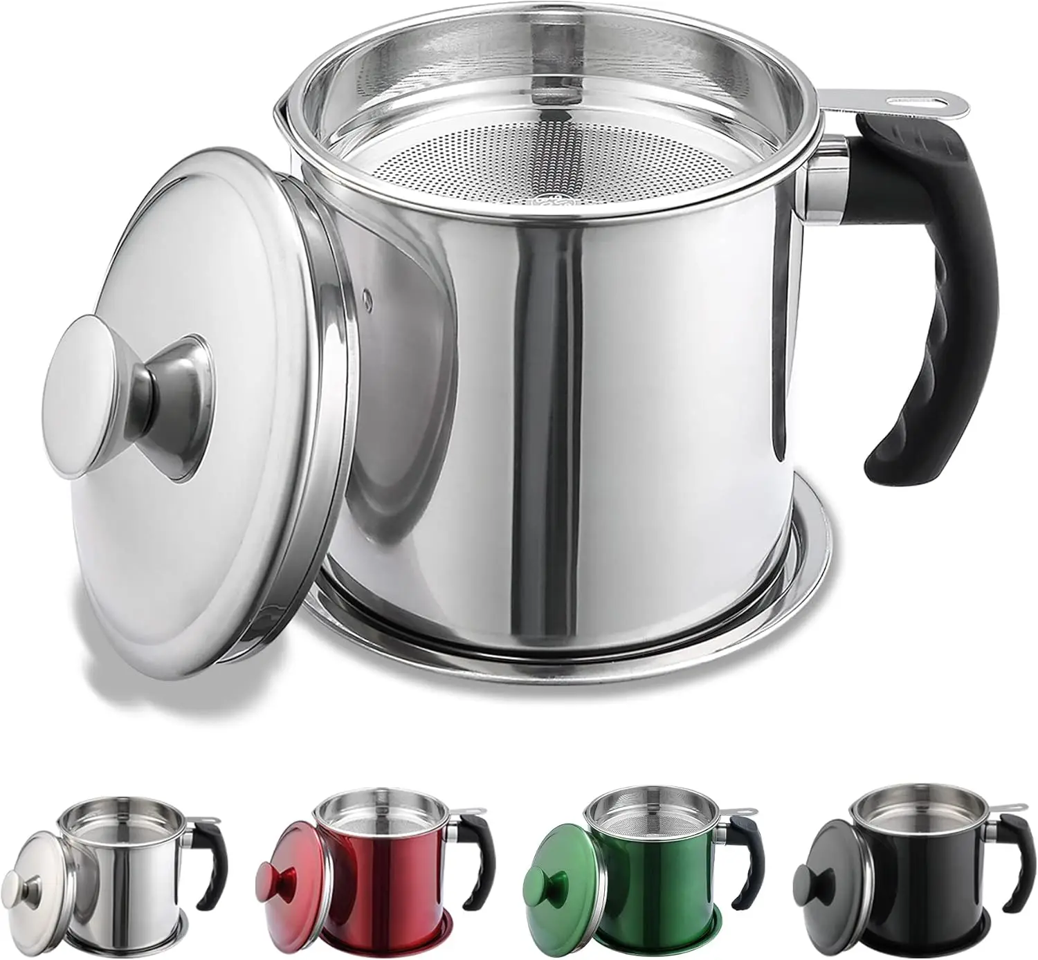 48 oz Stainless Steel Bacon Grease Container with Strainer – Oil Storage Can with Lid, Easy-Grip Handle for Frying Oil & Cooking Grease, Silver