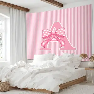 🎀 Coquette Pink Striped Bow Letter A-Z Tapestry, Cute Preppy Girly Wall Hanging Tapestries, Soft Lightweight Wall Blanket, Backdrop Decor, Perfect for Girls Teens Bedroom Dorm Living Room Aesthetic Wall Home Decor