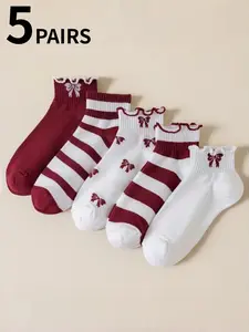 5-Pair Set of New Angora Red Socks: Ruffled, Women's Socks, Breathable, Moisture-Wicking, Sporty, Stylish, Ankle Socks, Valentine's Day Socks, Sock Sets, Multi-Pair Sock Sets, Striped Knee-High Socks, Red Socks, Suitable for All Seasons