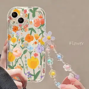 Oil Painting Flower Clear Phone  With Colorful Flower Beaded Chain Case For POCO C85 C65 C61 X7 X6 M8 M7 M6 Pro C71 C75 X5 M5S Back Cover