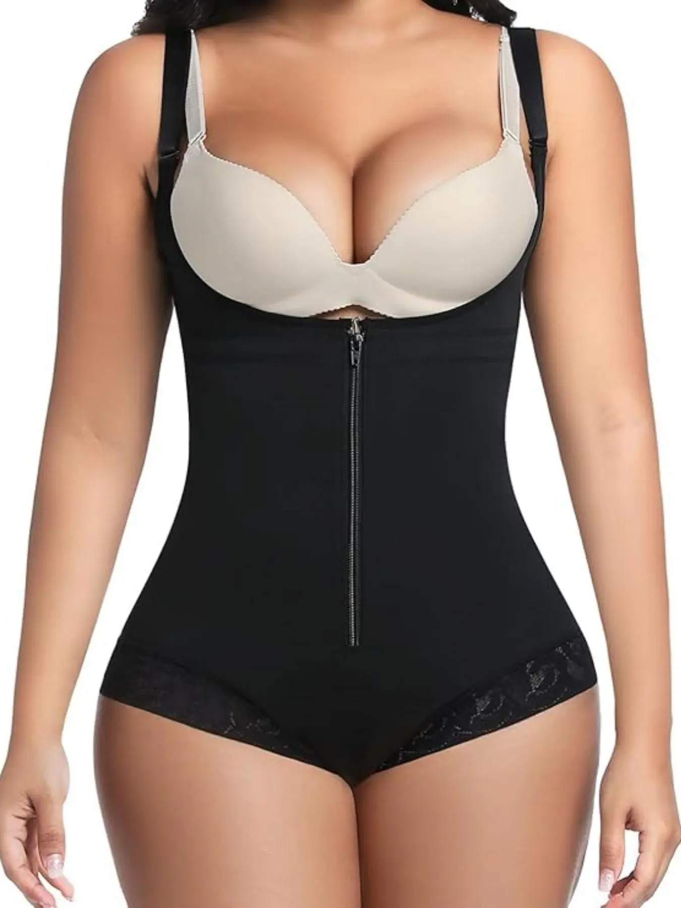Women's Butt Enhancing Abdomen Smoothing Body Sculpting Compression Fit Shaper, Open Bust Underwear Shapewear with Adjustable Shoulder Straps, Zipper & Hook Crotch Bodysuit, Fajas Colombianas Strappy