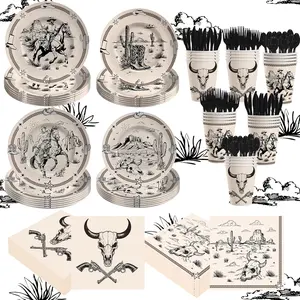 140 count Western Paper Plates and Napkins Set Cowboy Party Supplies  West  Shower Bachelorette Birthday Decorations, Includes Dessert Plates Napkins Cups Forks  and Spoon for 20 Guests