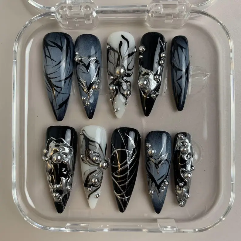 Abstract Gray & Silver Soft Gel Press-On Nails – Handmade Luxury Stiletto Nail Set